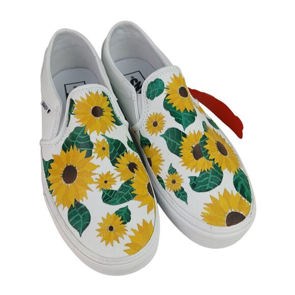 Vans SZ 8 White Customized Hand Painted Sunflower Motif Slip On Sneaker NEW - Picture 2 of 10